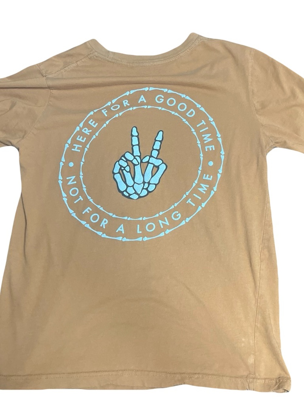 Eighty Eight Tan Short Sleeve Tee with Light Blue Skeleton Peace Graphic